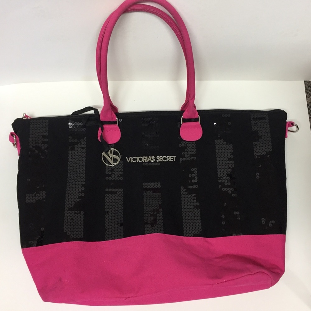 Victoria’s Secret Black Sequin Pink Large Tote Bag Beach Pool